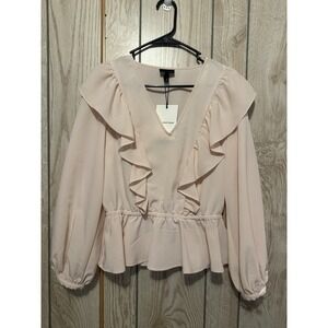 Who What Wear Blouse Womens Small Pale Pink Ruffle Peasant Prairie Peplum V Neck